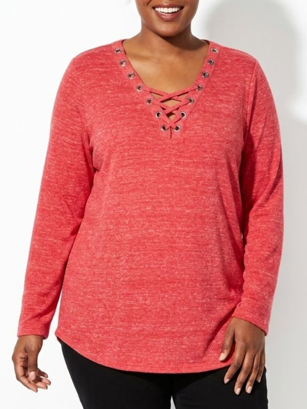 Rock & Republic Red Heather Stitch Lace-Up V-Neck Long Sleeve Tunic Top XL